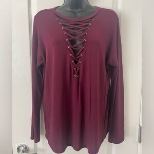 Express Maroon Lace-Up Long Sleeve Top